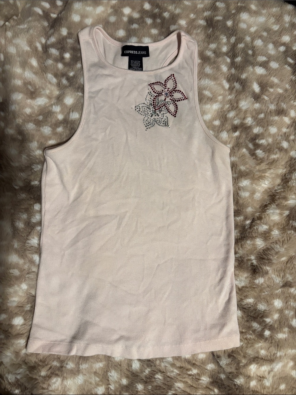 Express Pale Pink Ribbed Tank with Rhinestone Floral Accent